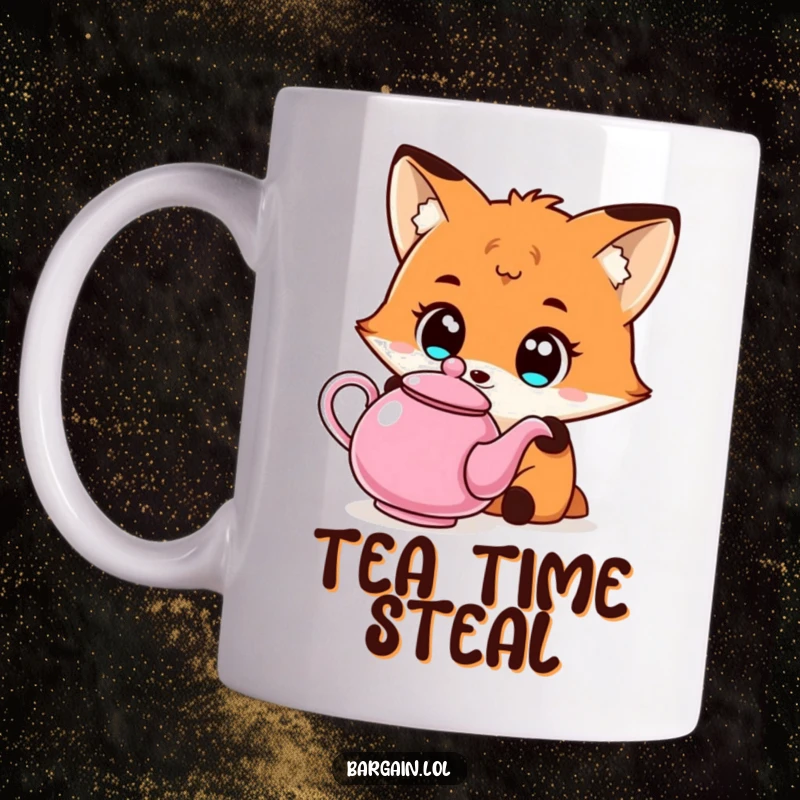 Funny Kawaii fox mug with wide eyes admiring a quirky, inexpensive teapot, perfect for tea enthusiasts.