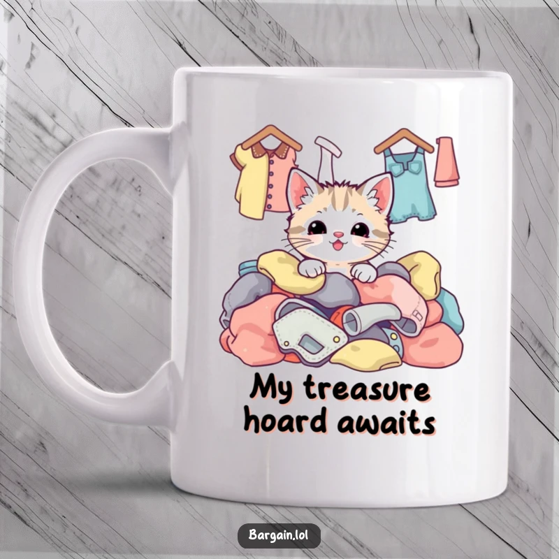 Funny kawaii kitten peeking from a mountain of colorful thrift store clothes, expressing pure joy and excitement for fashion finds.