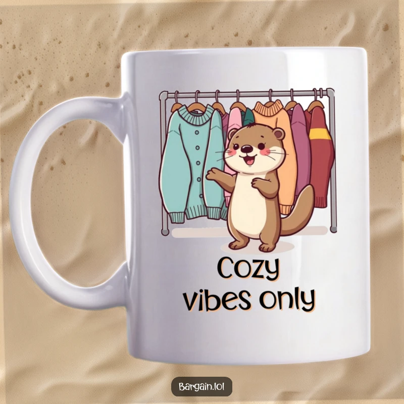 Funny Kawaii otter mug with a happy otter dancing near a sweater rack, celebrating cozy fashion.
