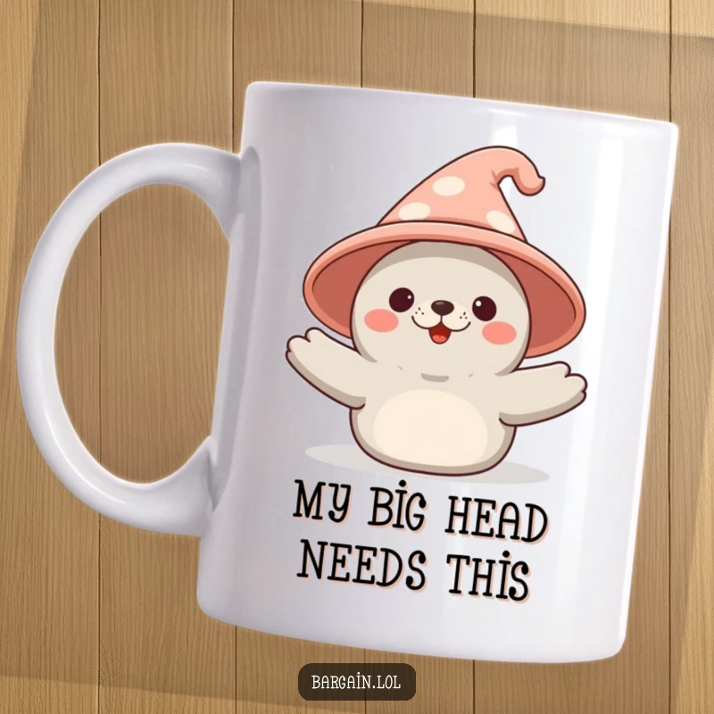 Funny Kawaii seal mug showing a joyful seal proudly holding an enormous, silly novelty hat, perfect for gifting.