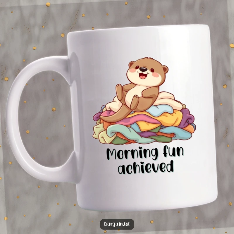 Funny mug showcasing a cute otter character joyfully sliding down a colorful heap of vibrant garments.