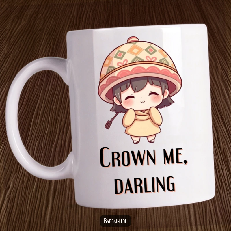 Funny Mug: Character shyly smiling while wearing a ridiculously large, patterned hat, showing quirky fashion.
