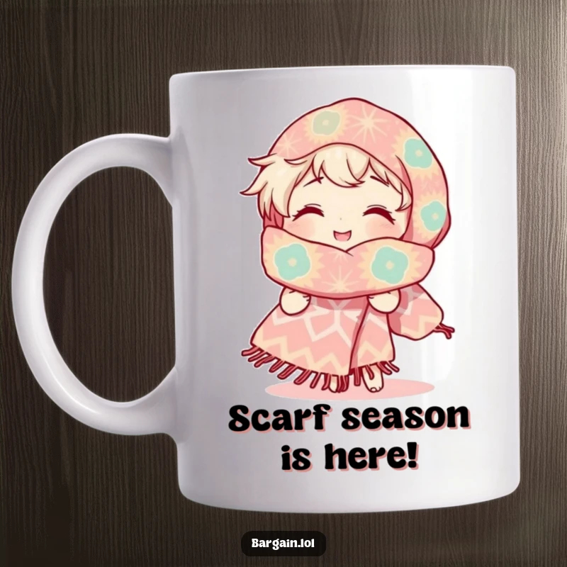 Funny mug showcasing a character with a radiant smile, joyfully admiring an extremely large, uniquely patterned scarf, embodying cheerful extravagance.