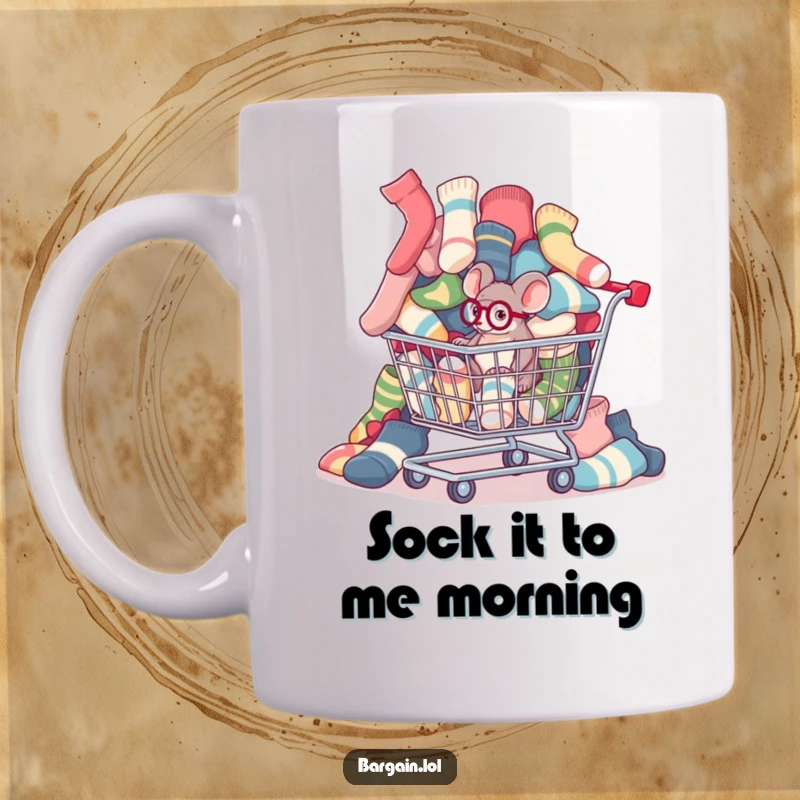 Funny tiny mouse with a monocle inspecting mismatched socks spilling from a shopping cart on a mug.