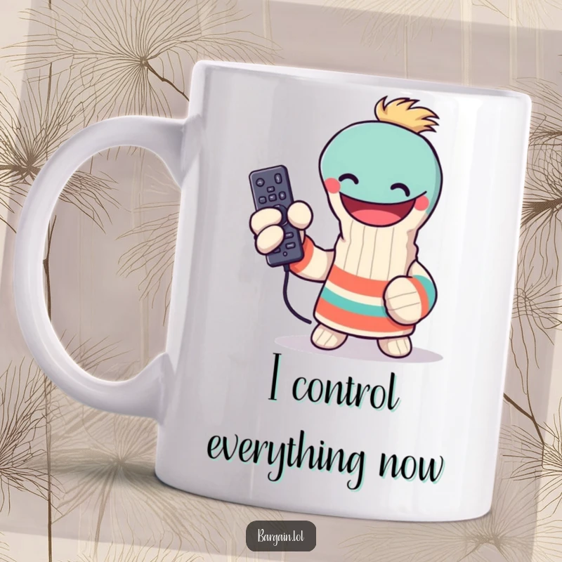Funny sock puppet mug, triumphantly holding a lost remote control, celebrating a victory, perfect funny gift for couch potatoes.