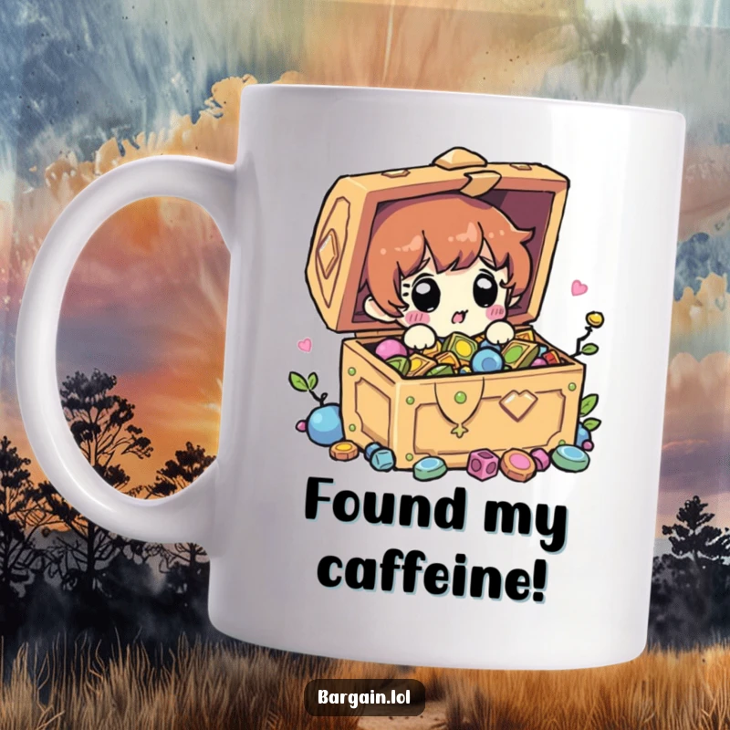 Funny mug featuring a character with a surprised look discovering a treasure chest filled with shiny trinkets. Hilarious gift.