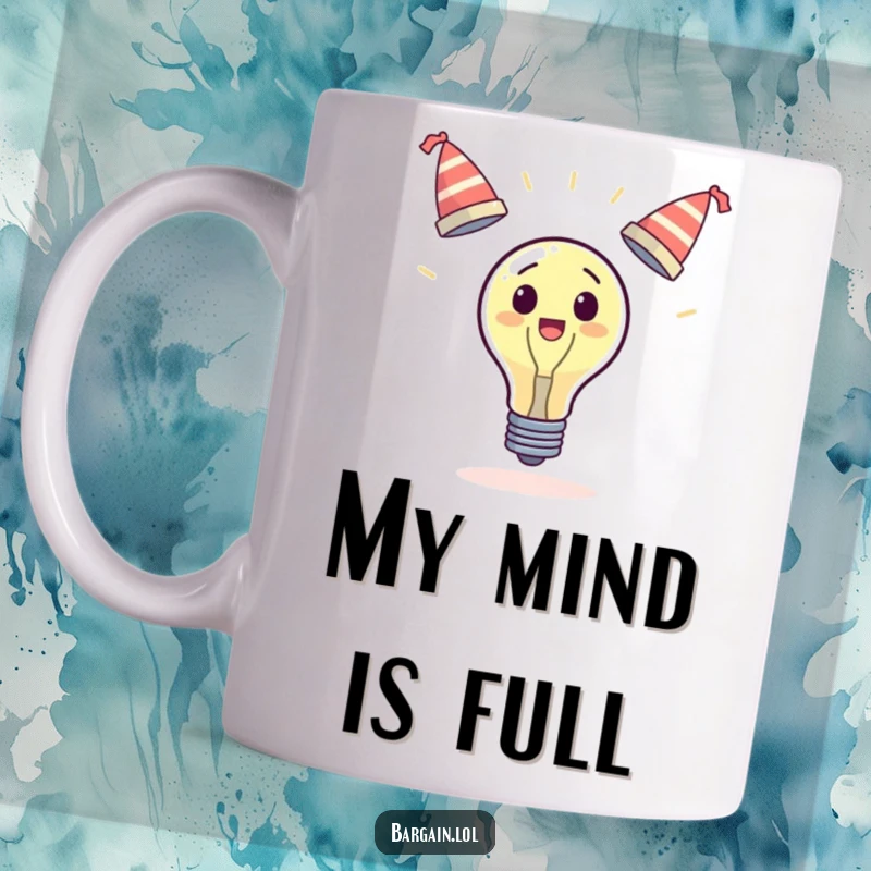 Funny surprised lightbulb mug, juggling three tiny wobbly hats, a symbol of creative chaos, perfect funny gift.
