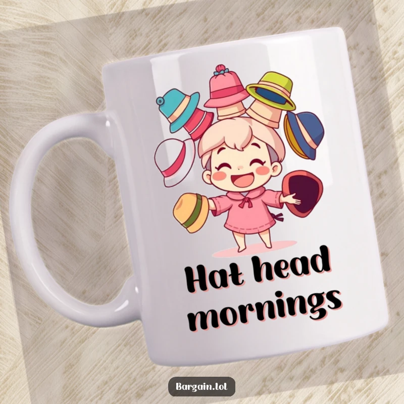 Funny mug showing a character with a big grin, playfully juggling several mismatched, colorful hats, embodying whimsical chaos and fun.