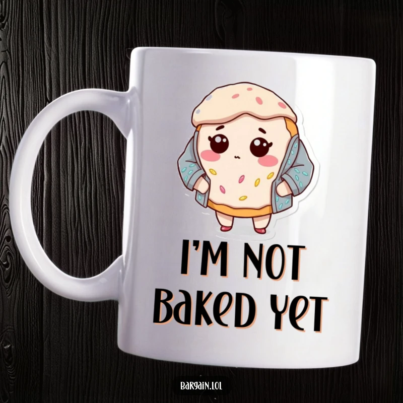 Funny mug showing a small, bewildered donut character struggling to put on a ridiculously large, sparkling sequined jacket with confusion.