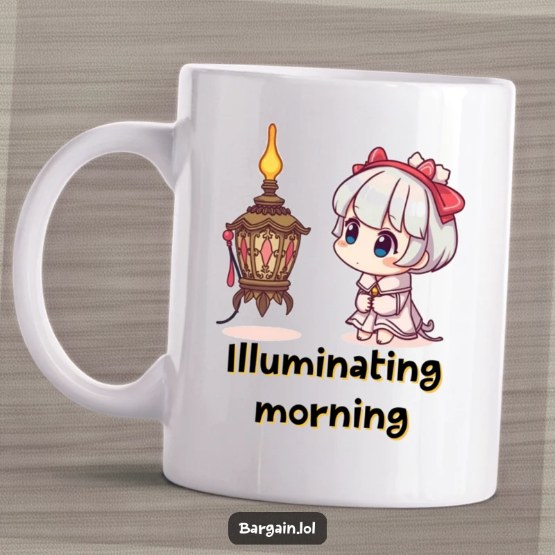 Funny mug showing a character with a curious head tilt, examining a bizarre, ornate lamp, embodying intrigue and whimsical discovery.