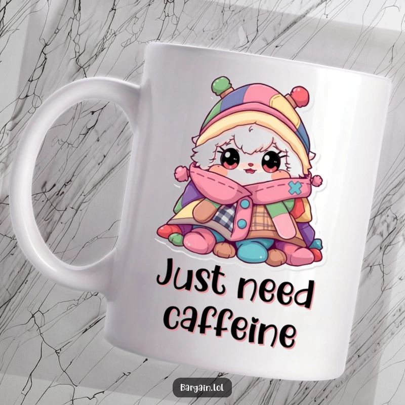 Funny mug, fluffy character with wide eyes hiding behind a huge pile of colorful clothes, closet chaos.