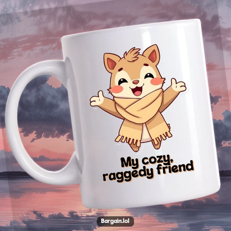 Funny Mug: A joyful creature with open arms lovingly holds a hip, albeit slightly frayed, scarf, radiating cozy happiness.
