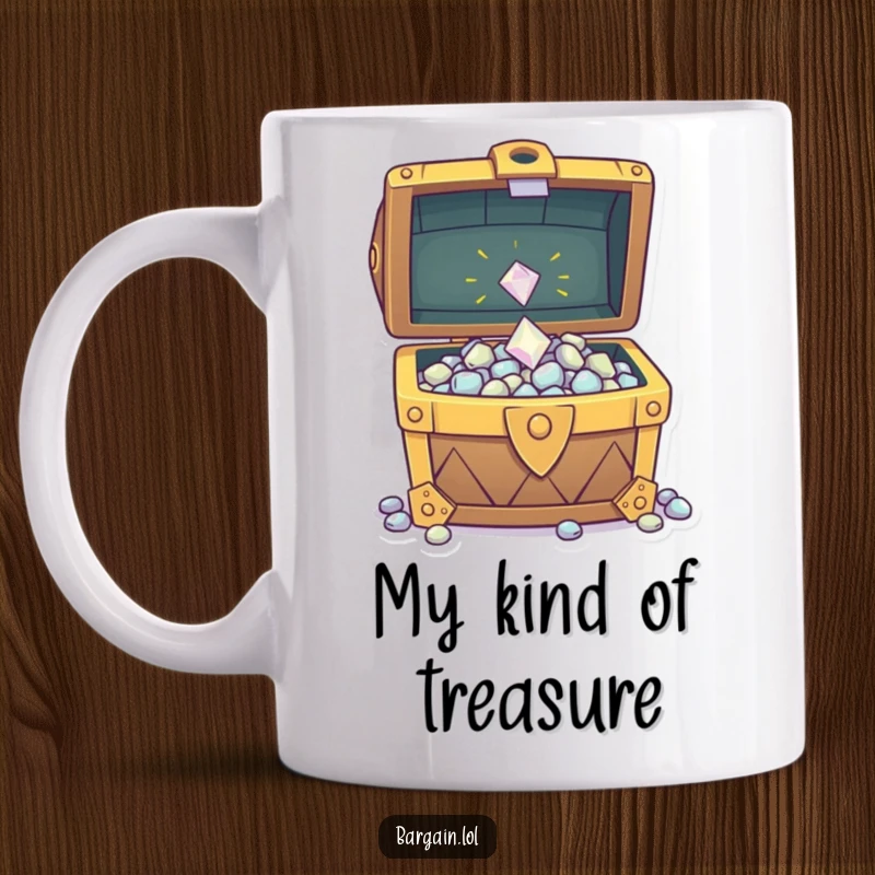 Funny mug depicting a tiny sparkly gem excitedly tossed into an overflowing treasure chest, celebrating wealth and fun.
