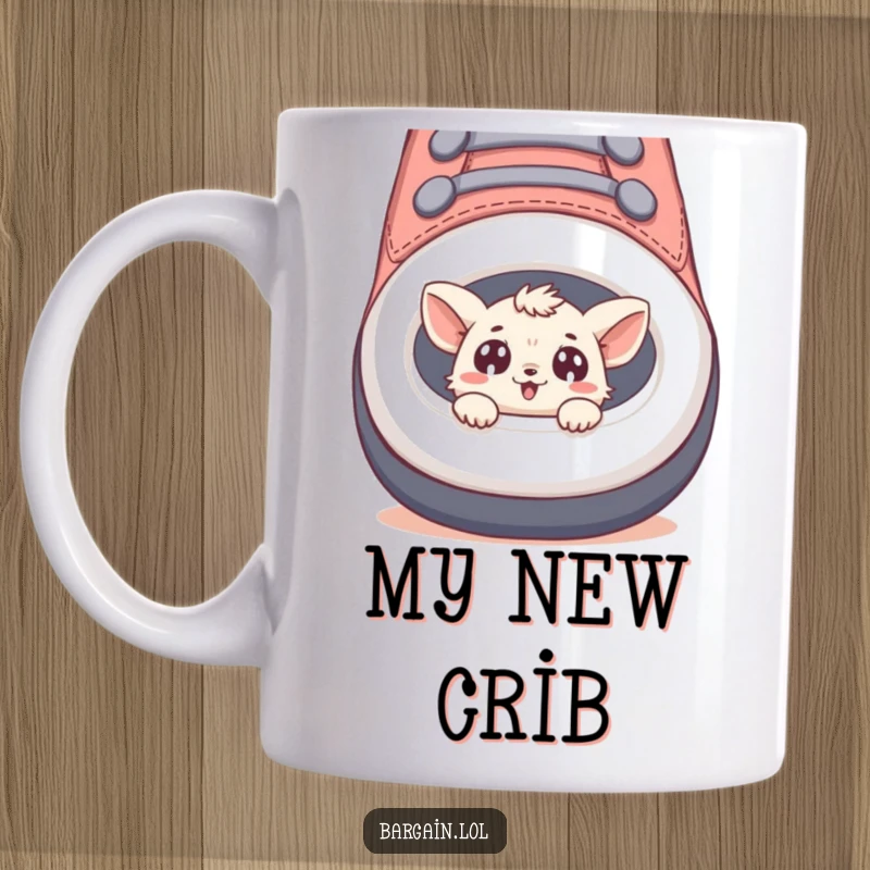 Funny mug with a tiny creature peeking out of a huge shoe, looking delighted and curious.