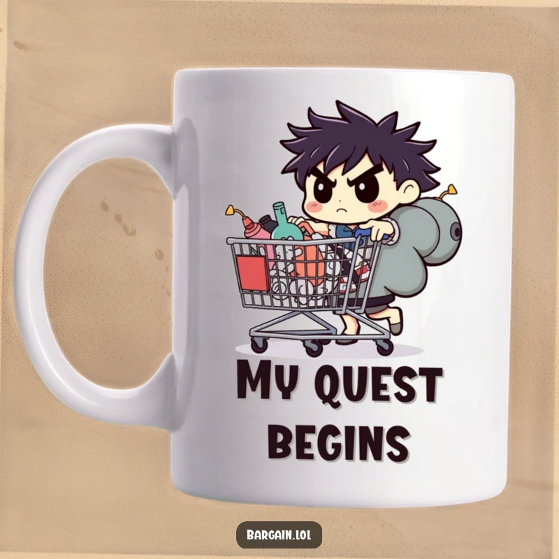 Funny mug, determined character pushing a huge shopping cart filled with bizarre items, collector humor.