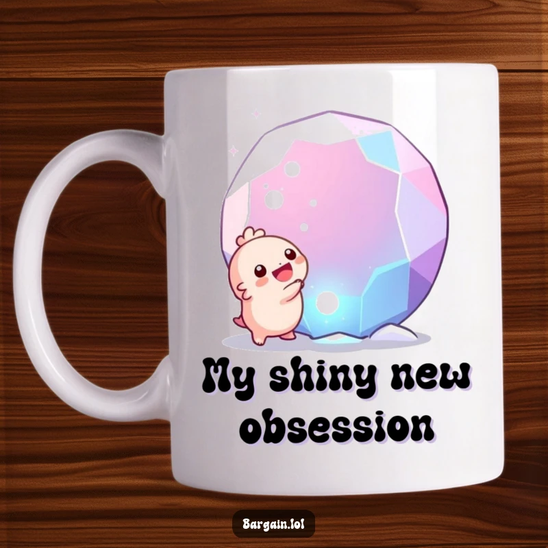 Funny mug: A tiny, round creature with wide eyes gleefully discovering a huge, sparkling gem, radiating pure joy and excitement.