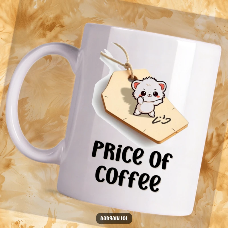 Funny mug of a small, fuzzy being striking a dramatic pose on a discarded price tag.