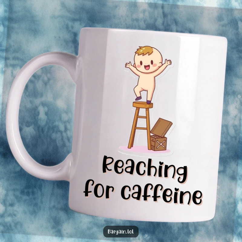 Funny Mug: A happy, cartoony figure balances unsteadily on a stool, reaching precariously for a tantalizing hidden treasure box.