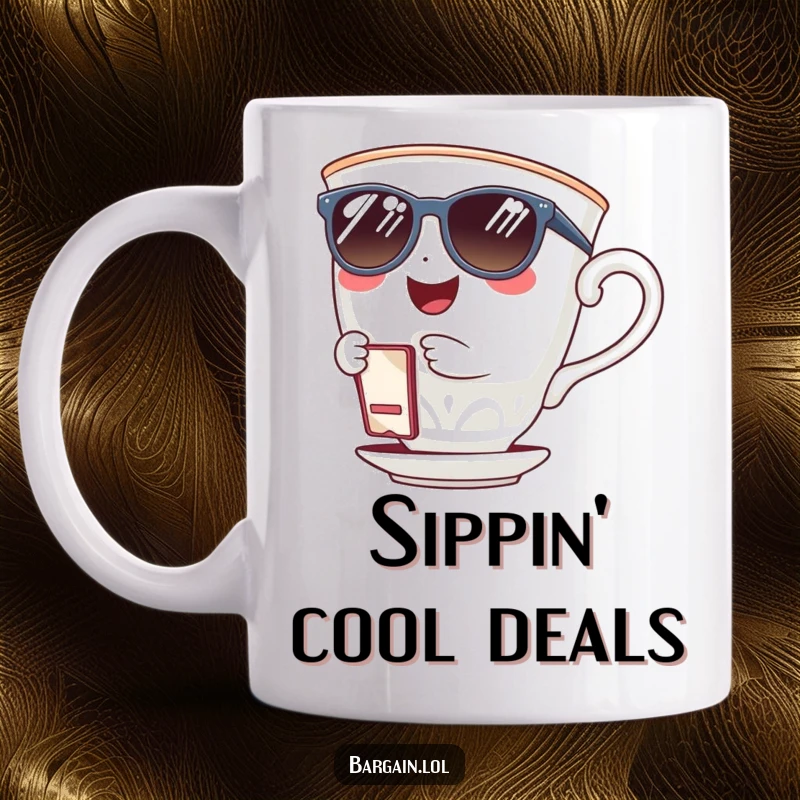 Funny giggling teacup wearing sunglasses and holding a tiny coupon clip on this mug. A stylish and humorous beverage accessory.