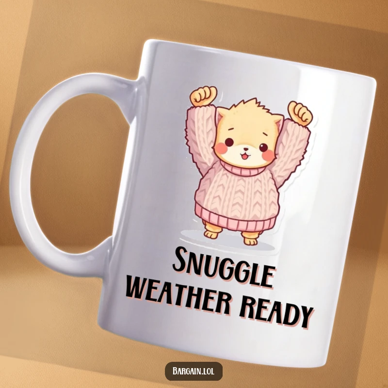 Funny mug: A small, fuzzy creature proudly displaying a comically large, knitted sweater, radiating warmth and accomplishment.