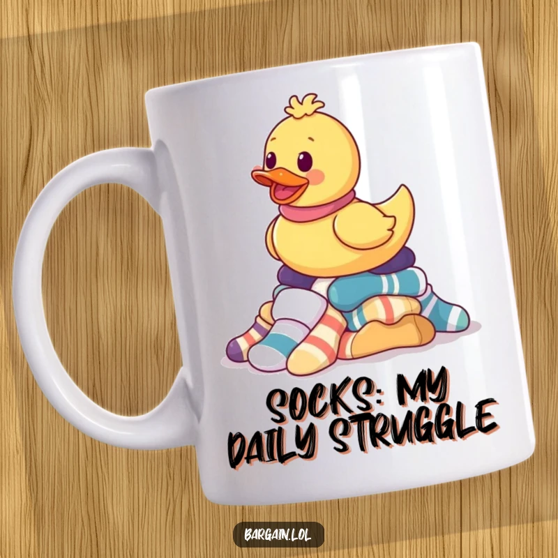 Funny mug with a rubber ducky gleefully balancing a pile of mismatched socks, embodying laundry day chaos and humor.