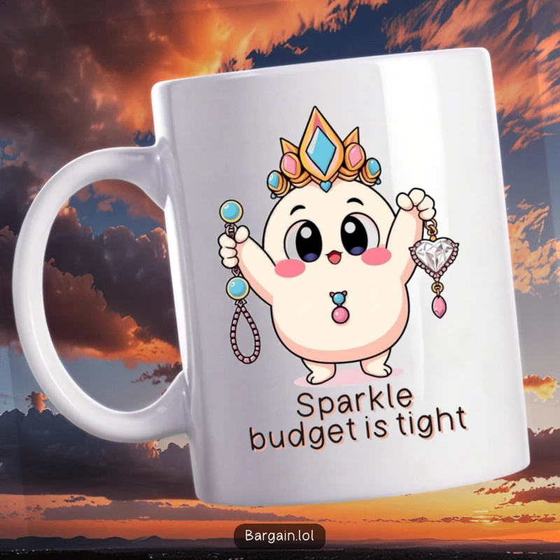Funny mug with a round, blobby character with huge eyes triumphantly holding up a cheap, sparkly piece of costume jewelry.