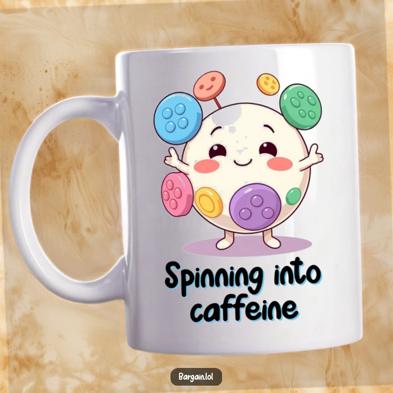 Funny mug of a spherical character with a goofy grin juggling large, colorful buttons with delight.