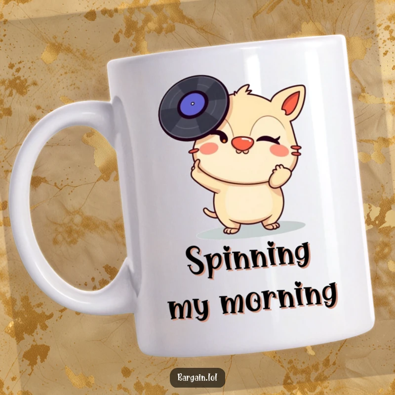 Funny Mug: A mischievous creature winks while expertly balancing a tall stack of vinyl records on its nose, showcasing musical flair.