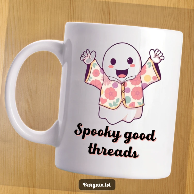 Funny kawaii ghost excitedly presenting a loud, wildly patterned vintage shirt, celebrating unique fashion finds with spooktacular joy.