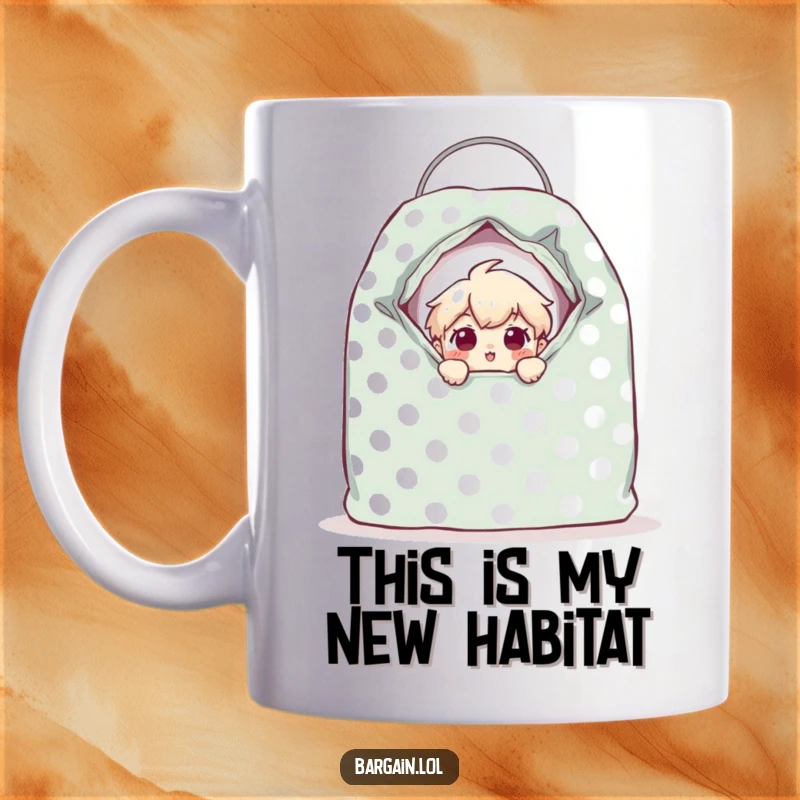 Funny tiny character peeking out of a giant, polka-dotted thrift store bag with a shocked expression, conveying surprise on a mug.