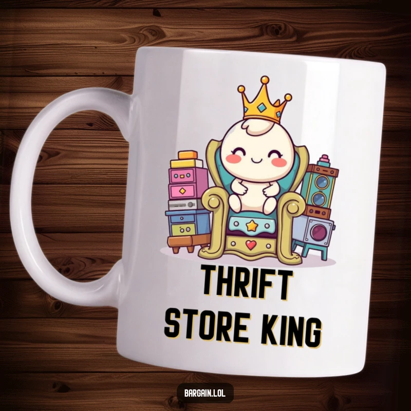 Funny mug featuring a cheerful, round character wearing a small crown, enthroned on a pile of thrift store items.