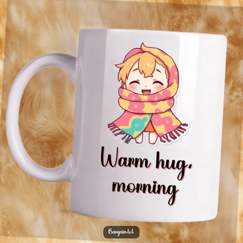 Funny Mug: A tiny character gleefully wears a ridiculously large, brightly patterned scarf, almost completely swallowed by its colorful embrace.
