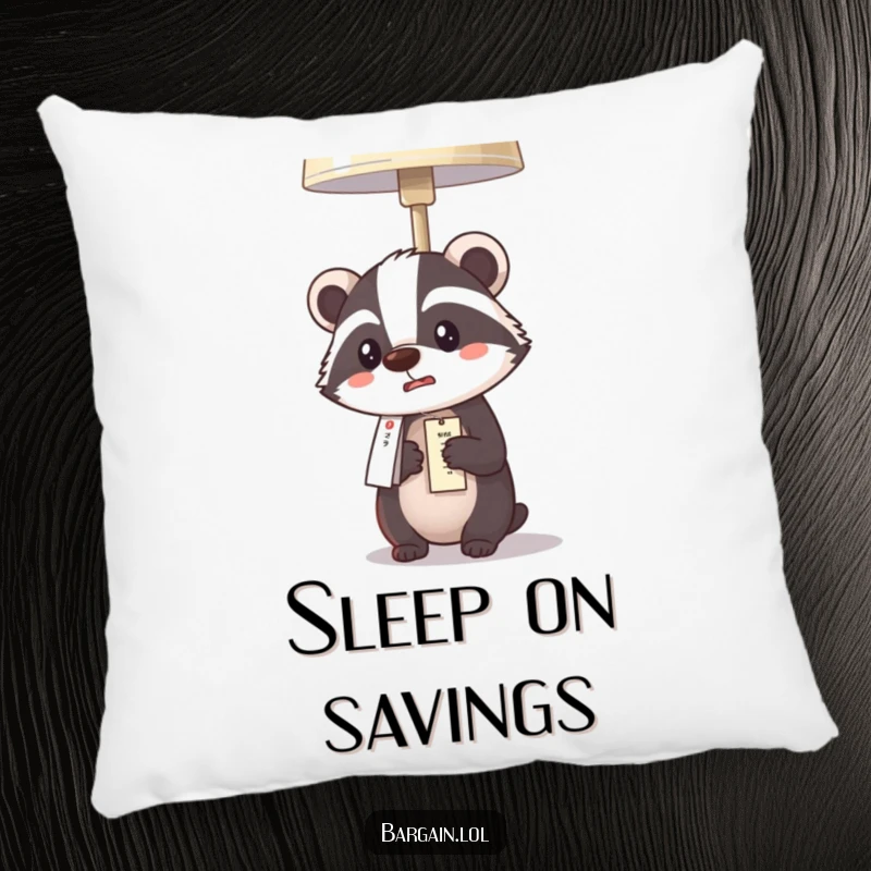 Funny Kawaii badger pillow showing a badger comically surprised by a low lamp price, perfect for cozy humor.