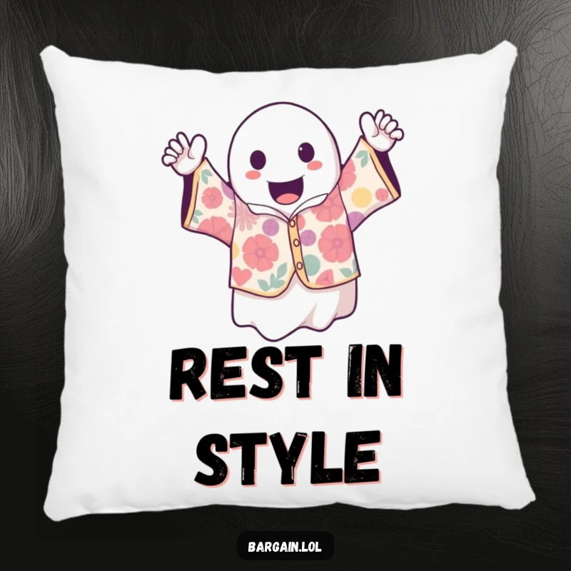 Funny kawaii ghost holding a wild vintage shirt, a soft and decorative pillow for adding spooky flair to living spaces.