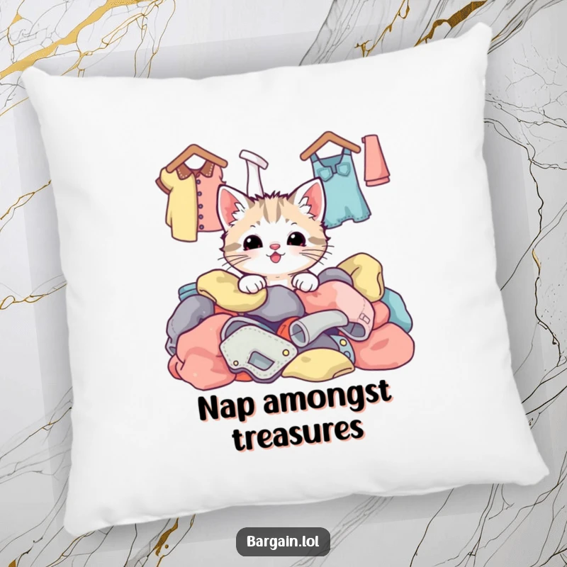 Funny kawaii kitten nestled happily within a pile of colorful, textured thrift store clothing, offering comfort and charm.