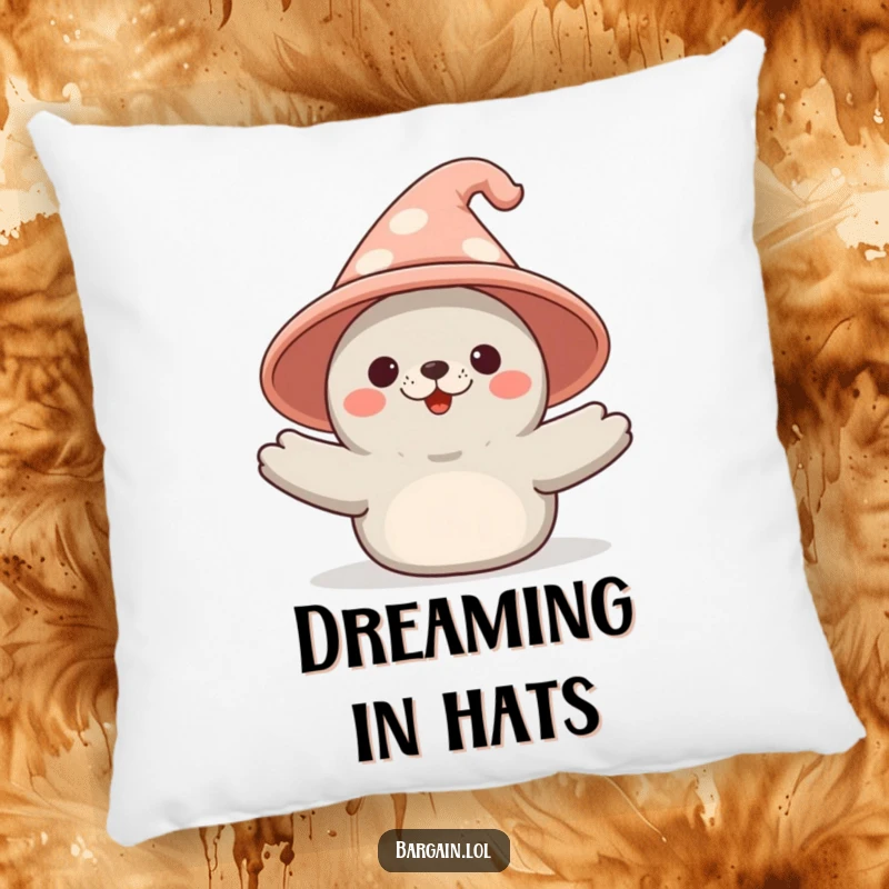 Funny Kawaii seal pillow with a triumphant seal showing off a comically giant novelty hat, perfect for soft, humorous decor.