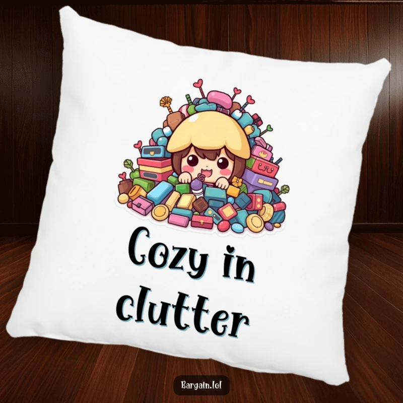 Funny Pillow: Character peeking from behind colorful second-hand treasures, offering cozy thrift humor.