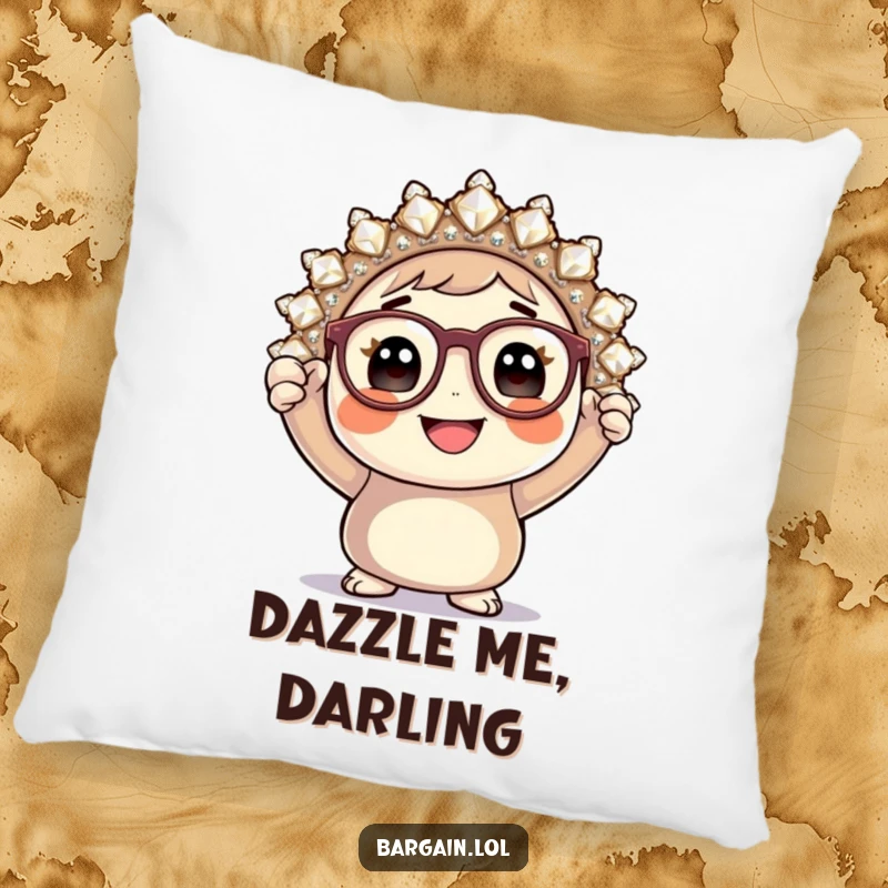 Funny pillow, round character in glasses showing off a large sparkly brooch, comfortable and humorous decor.