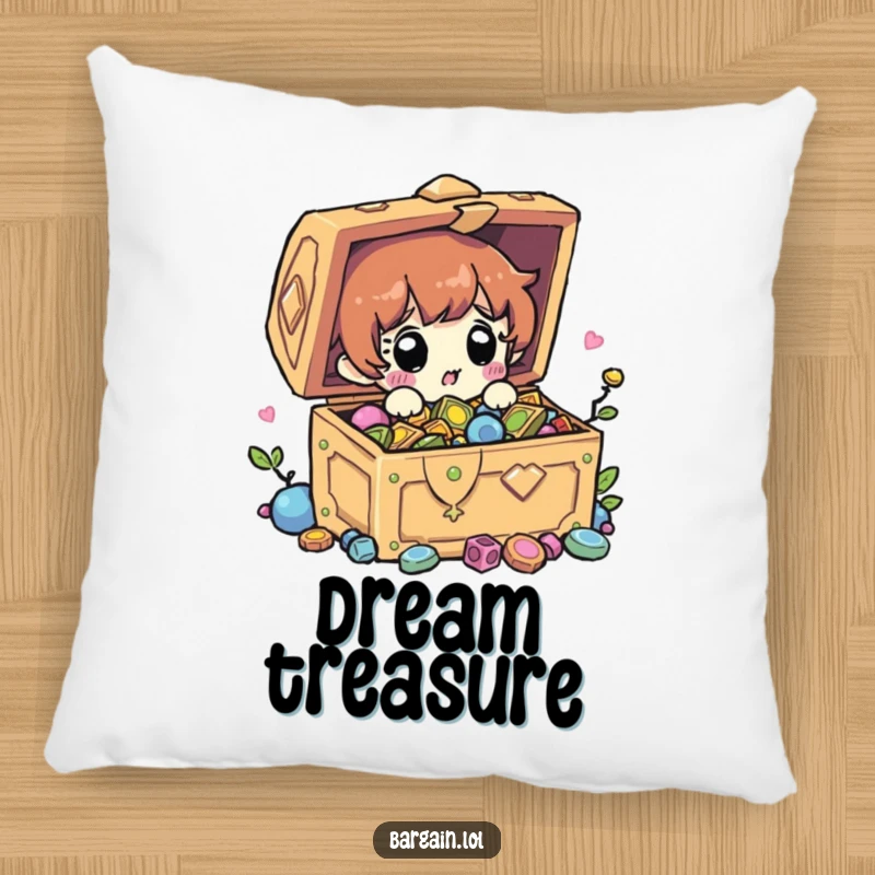 Funny pillow showing a surprised character finding a treasure chest full of shiny trinkets, offering comfort and humor. Ideal gift.