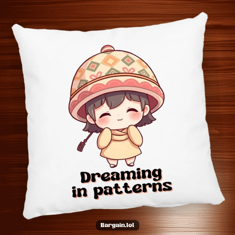 Funny Pillow: Character with shy smile wearing a large patterned hat, offering cozy charm.