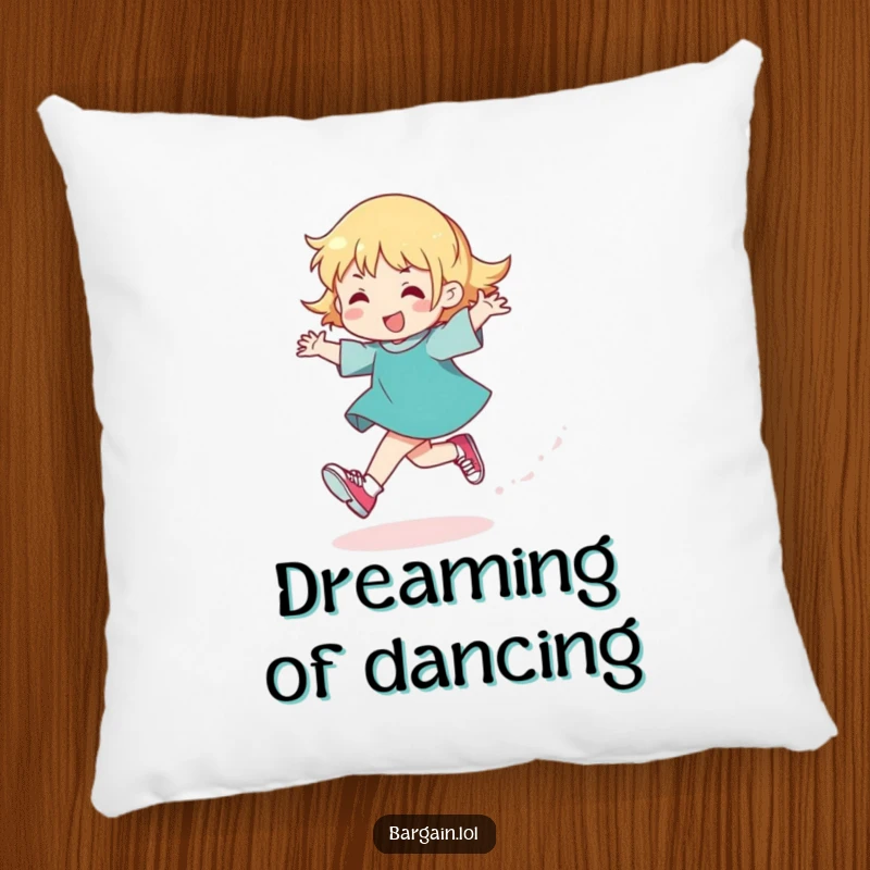 Funny pillow depicting a character skipping with glitter and tiny shoes, offering soft, humorous decoration for ultimate comfort.