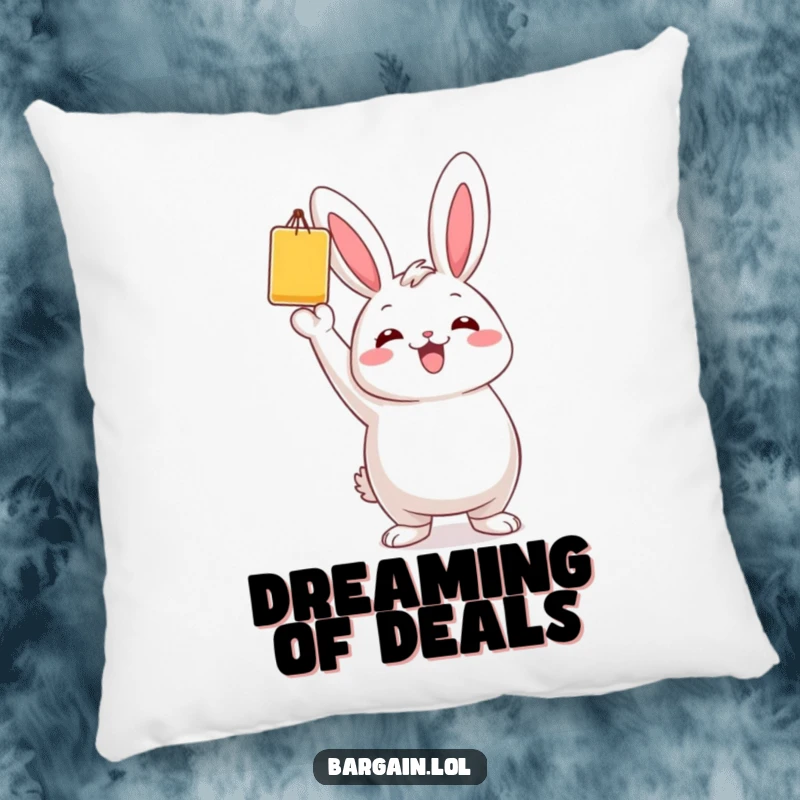 Funny pillow showing a chubby bunny character triumphantly holding a single, brightly colored bargain item aloft.