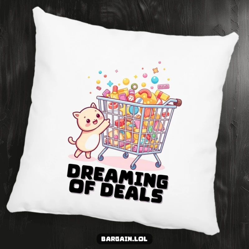 Funny Bargain Hunter Pillow showing a tiny creature joyfully pointing at a comically oversized, sparkling bargain bin filled with tiny treasures.