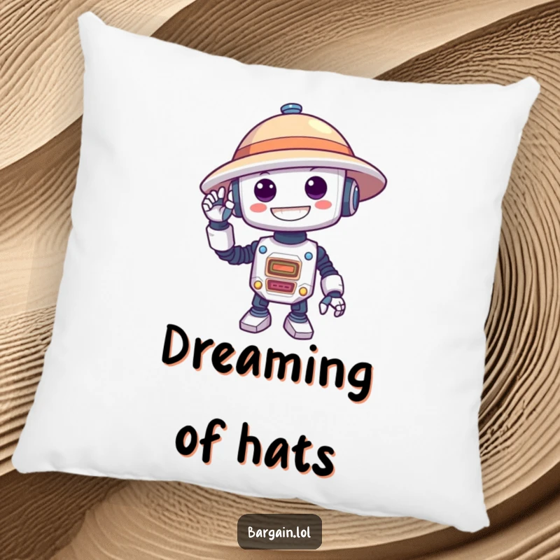 Funny pillow featuring a delighted robot with a huge grin trying to fit an oversized hat on its head, offering soft humor.
