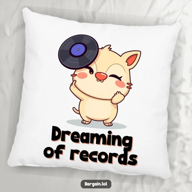 Funny Pillow: A mischievous creature winks while balancing vinyl records on its nose, offering a soft and humorous music-themed accent.