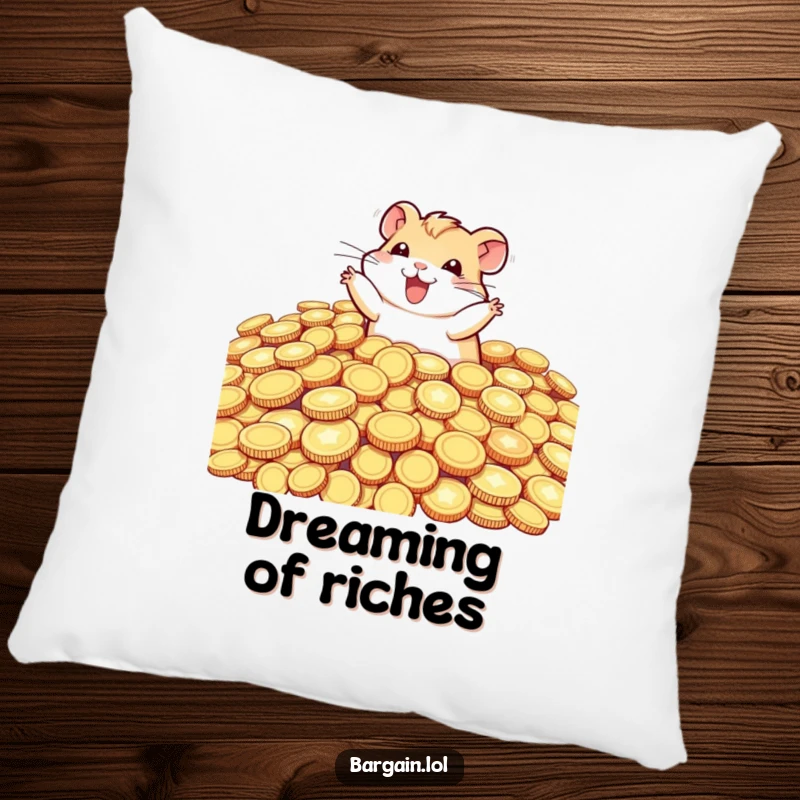 Funny tiny hamster joyfully swimming in oversized, glittering coins, a soft and humorous pillow design for any room.
