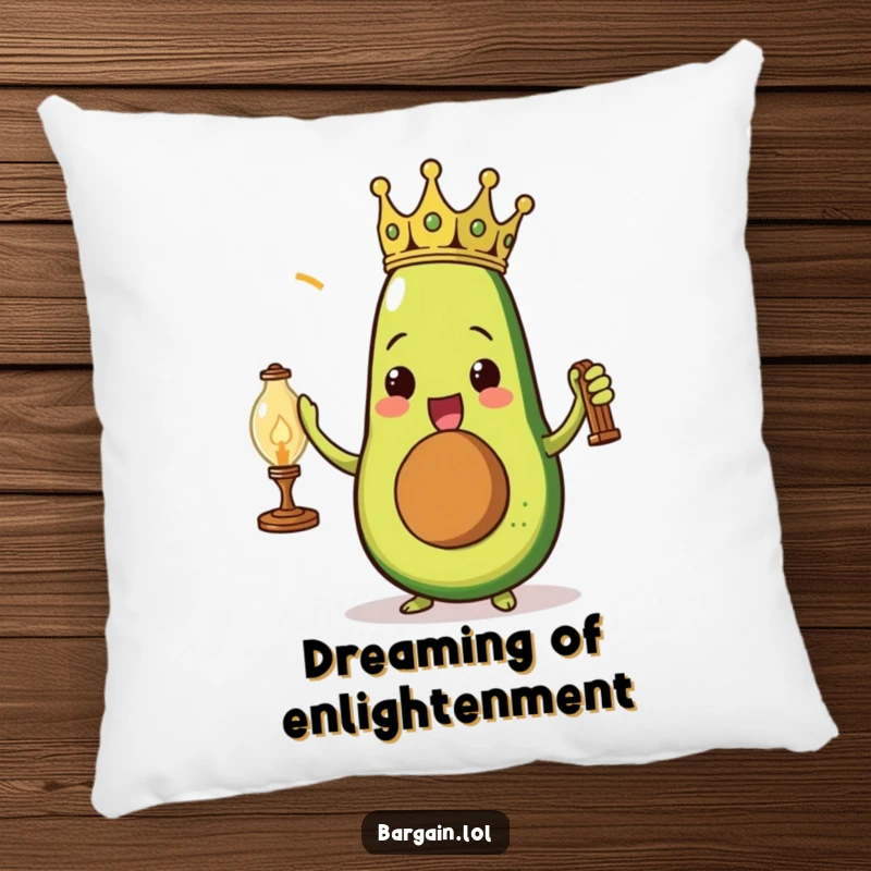 Funny triumphant avocado wearing a paper crown holding a dusty vintage lamp on a soft pillow.