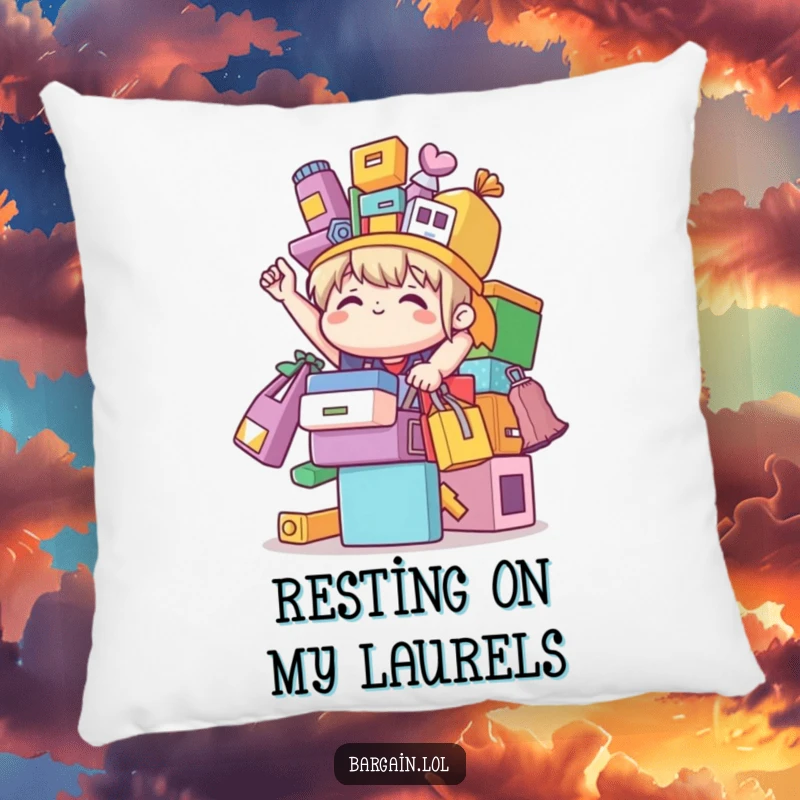Funny cute character triumphantly balancing colorful mismatched bargain items, featured on a plush pillow for humorous comfort.