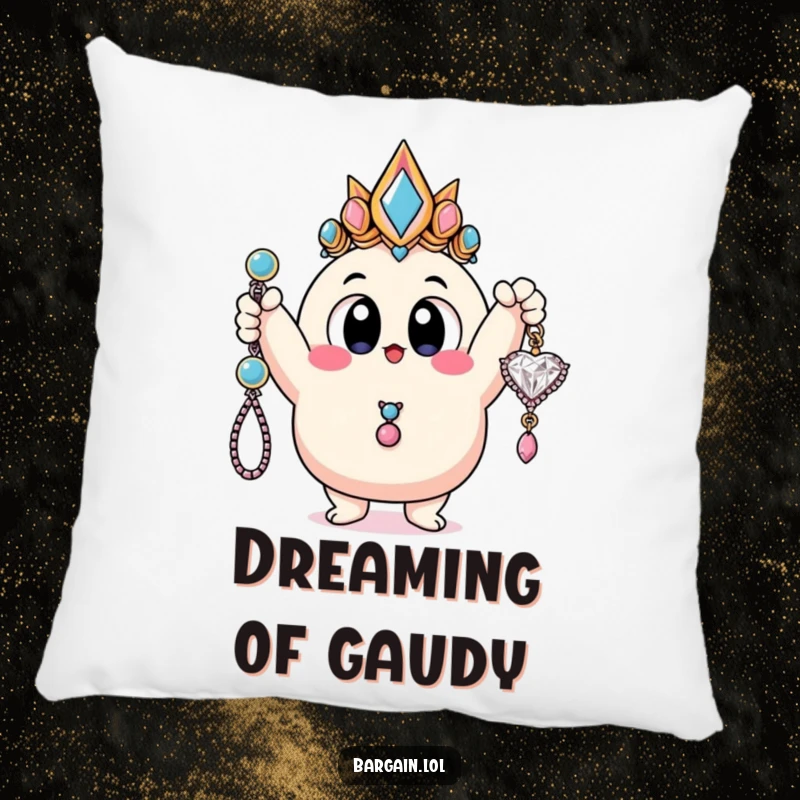 Funny pillow featuring a blobby character with wide, happy eyes holding a ridiculously cheap and sparkly piece of jewelry.
