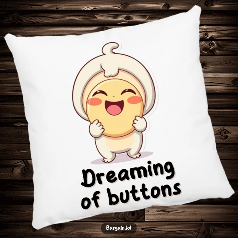 Funny Pillow: A small, delighted being smiles broadly while holding a comically huge button, showcasing playful pride and happiness.